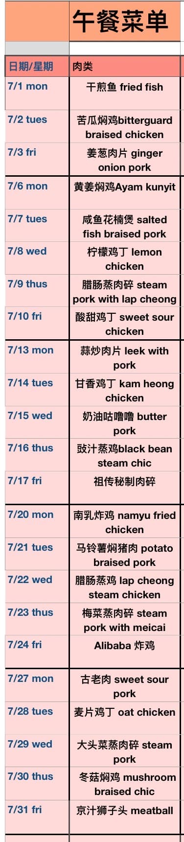 7月份午餐菜单